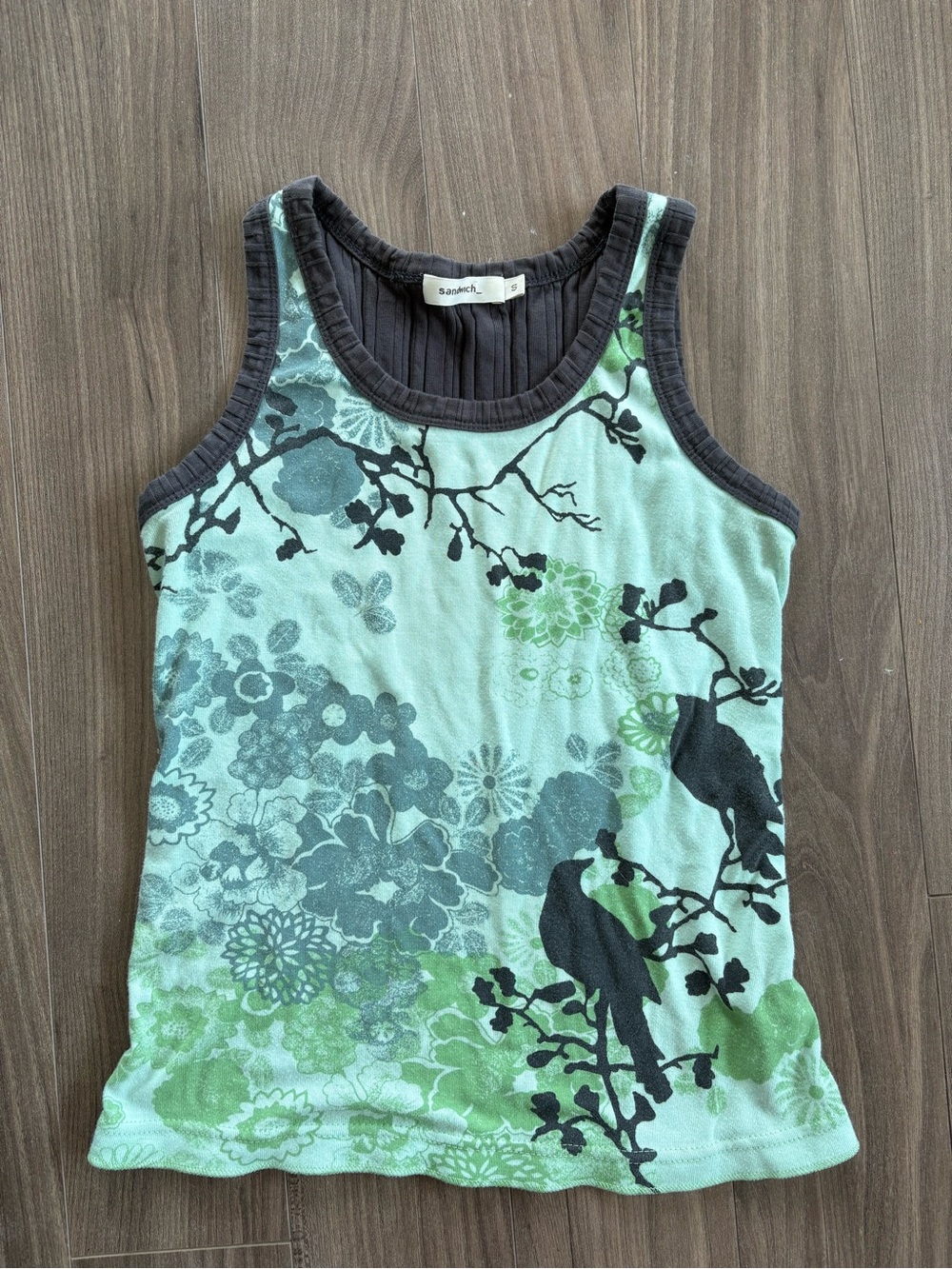 Sandwich_ Mint Green Floral & Bird Print Tank with Black Trim